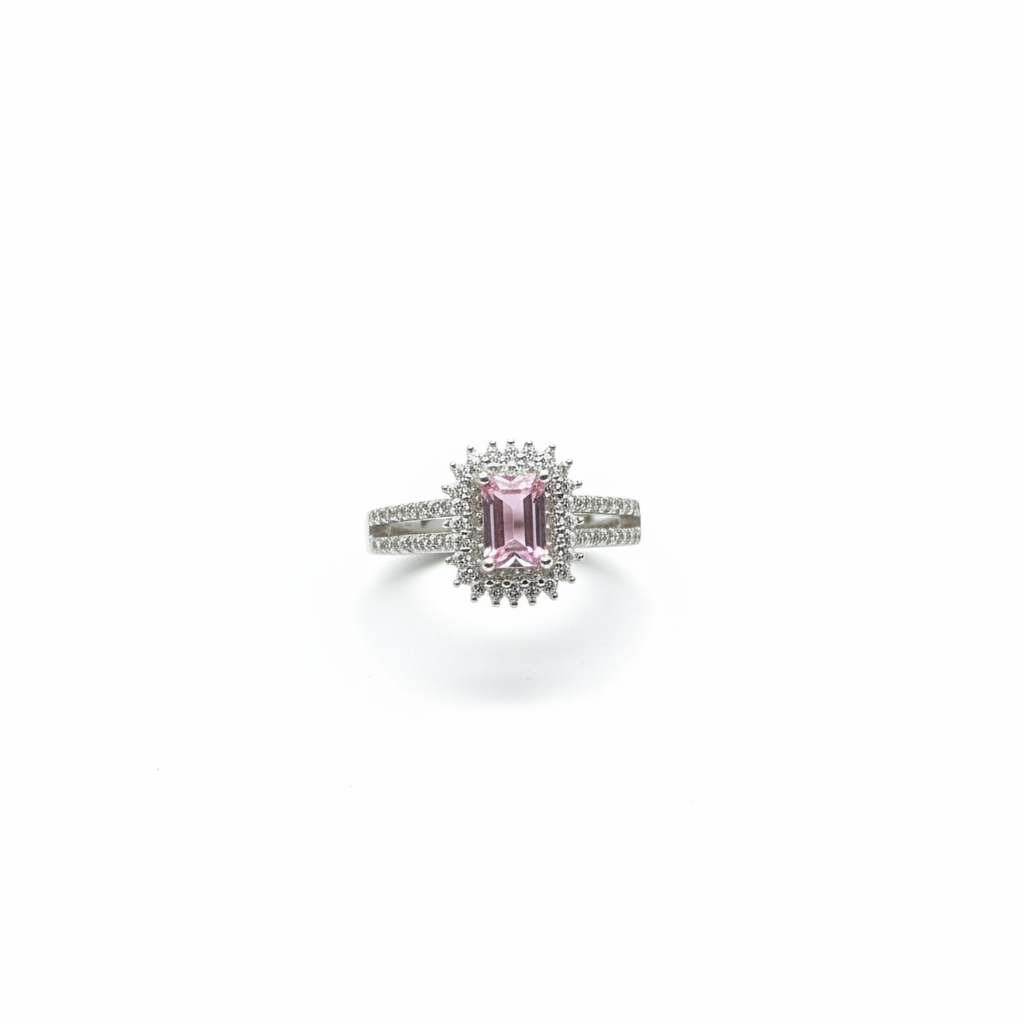 Pembe Taşlı Emerald Kesim Halo Yüzük