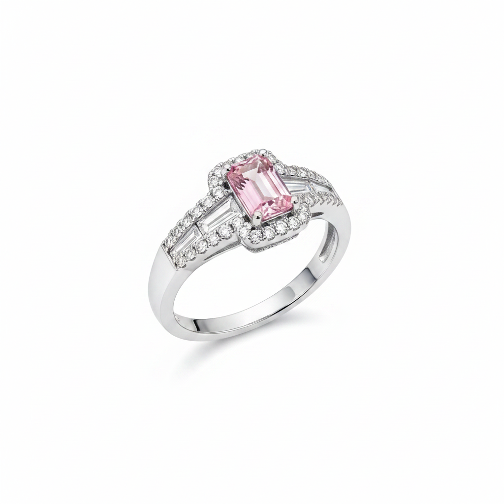 Pembe Taşlı Baget Halo Yüzük
